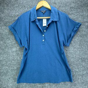 Brooks Brothers Polo Shirt Womens Large Blue Linen Cotton‎ Blend Cap Sleeve